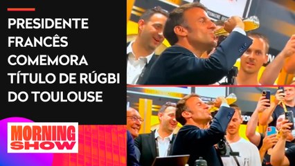 Emmanuel Macron é flagrado virando garrafa de cerveja e gera polêmica